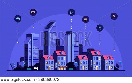 Smart City Concept Banner, Flar Style Vector