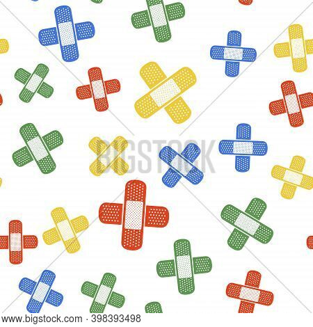 Color Set Bandage Plaster Icon Isolated Seamless Pattern On White Background. Medical Plaster, Adhes