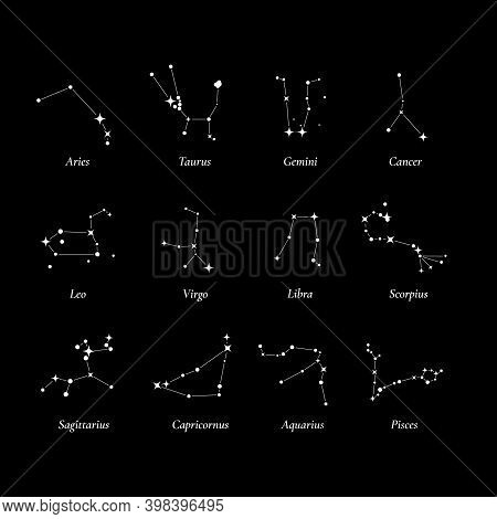 Twelve Constellations Of The Zodiac. Constellations Lying In The Plane Of The Ecliptic. Vector