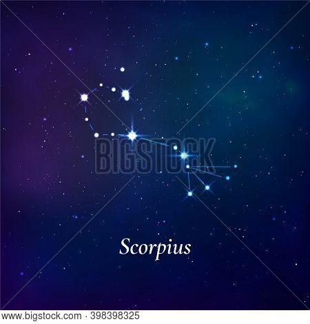 Scorpius Sign. Stars Map Of Zodiac Constellation On Dark Blue Background. Vector