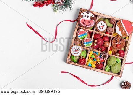 Set Of Gingerbread Cookies With Colorful Icing, Mint Cookies, Baubles, Multicolored Sweets And Macad