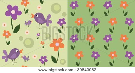 Seamless Cute Flowers And Birds, Set