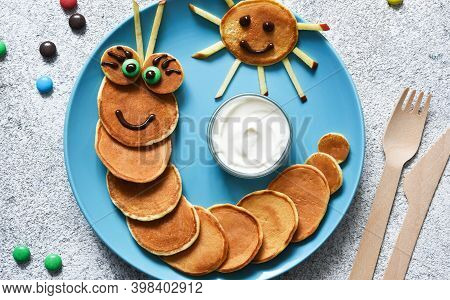 Funny Caterpillar With Eyes. Pancake Caterpillar, Funny Kids Breakfast.