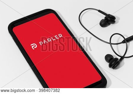 Galicia, Spain; December 07, 2020 : Smartphone Showing Parler App Logo On Screen