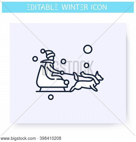 Dog Sledding Line Icon. Man Slides With Dog Sled. Winter Holidays And Leisure Concept. Sport, Hobby.