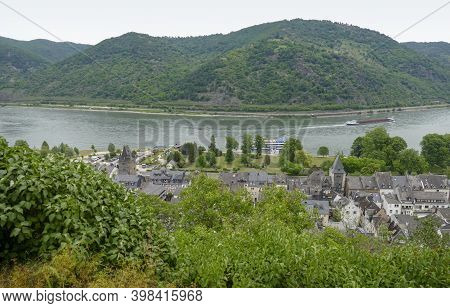 Distant Aerial View Of Bacharach, A Town In The Mainz-bingen District In Rhineland-palatinate, Germa