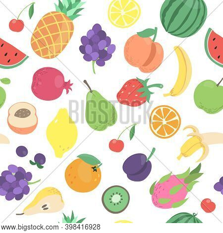Fruits Pattern. Seamless Tropical Doodle Fruits And Berries, Avocado, Watermelon, Orange, Dragon Fru