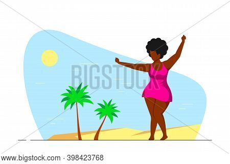 Attractive Woman Plus Size Dancing On The Beach