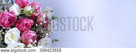 Festive Flower Arrangement - White And Pink Eustoms On A White Background. Background For A Holiday 