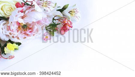 Festive Flower Arrangement - White And Pink Eustoms On A White Background. Background For A Holiday 