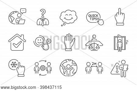 Global Business, Elevator And Engineering Team Line Icons Set. Quick Tips, Court Judge And Hand Sign