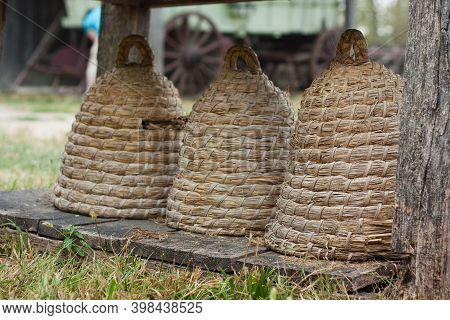 Bee Skep Domed Baskets Lined Up Outside At Country Fair