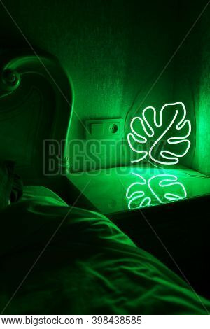 Neon Sign Monstera In The Decor Of The Kitchen. Trendy Style. Neon Sign. Custom Neon. Home Decor.