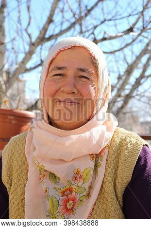 Nigde,turkey-january 15:portrait Of A Unidentified Village Woman With Hijab.january 15,2017 In Nigde