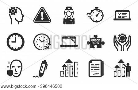 24 Hours, Web Lectures And Signature Icons Simple Set. Analysis Graph, Employee Hand And Quick Tips 