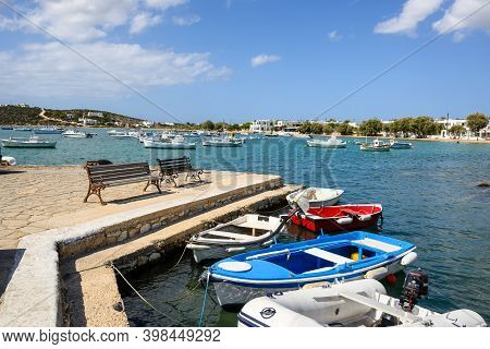 Paros, Greece - September 27, 2020: Fishing Boats In Aliki Harbor. Aliki Is Beautiful Coastal Villag