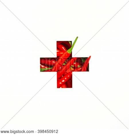 Plus Summation Sign Or Cross Of Red Chili Peppers And Cut Paper Isolated On White. Veggie Typeface