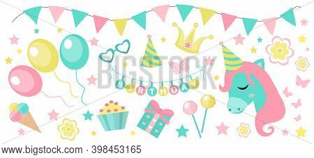 Happy Birthday Modern Cute Icons Set, Cartoon Flat Style. Party Collection Of Design Elements With U