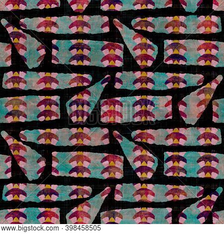 Seamless Dark Geometric Block Print Background. Boho Ethnic Soft Furnishing Fabric Style. Tie Dye Pa