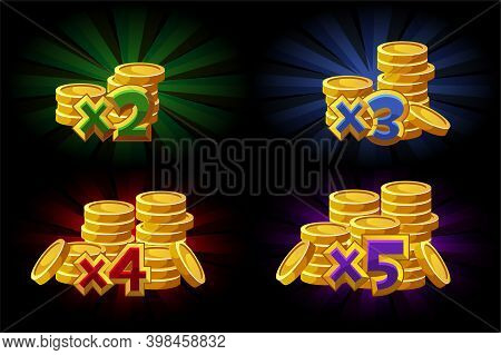 Vector Illustration Of Bonus X2, X3, X4, X5 Coins In The Game.