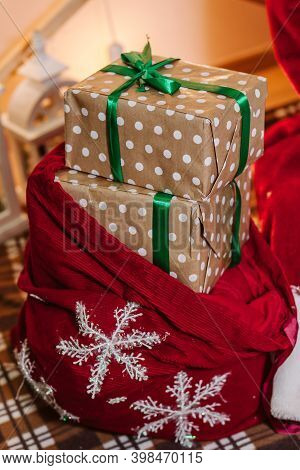 Santa Claus Bag With Gifts. Red Sack Of Santa Claus With Gifts For Christmas.