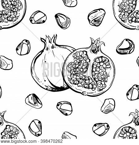 Detailed Hand Drawn Black And White Vector Seamless Pattern Of Pomegranate. Sketch. Elements In Grap