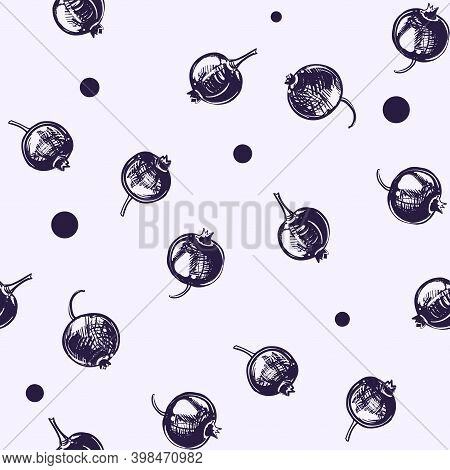 Detailed Hand Drawn Graphic Seamless Pattern Of Berry, Cane Fruit. Sketch. Vector. Elements Blackcur