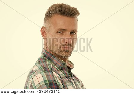 Handsome Mature Man With Stylish Hairstyle. Styling Fringe Requires That You Apply Some Pomade Or Wa