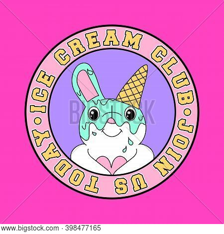 Ice Cream Blub Join Us Text, Illustration Of A Bunny With An Ice Cream Of Top Of The Head, Vector Of