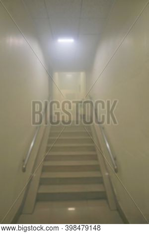Blurred Image Of An Office Corridor After Sanitization Spray Used, Sanitizing Smoke Filled The Air. 