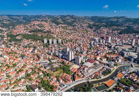 Aerial dronw wiev of city Uzice, town in Serbia, Balkans, Europe