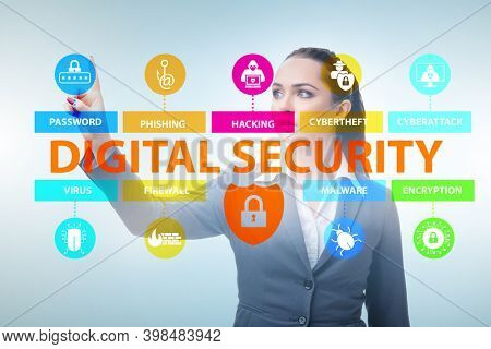 Digital security concept with businesswoman pressing button