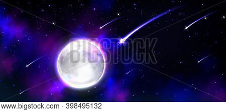 Realistic Moon In Space With Stars And Meteors, Full Luna Earth Satellite, Phoebe Astrology Detailed