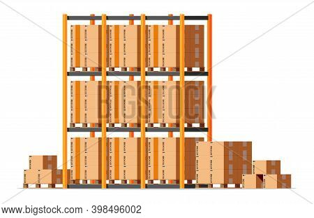 Metallic Shelves With Carton Brown Boxes. Goods And Container Package. Pile Cardboard Boxes Set. Del
