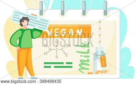 A Man Is Standing Near Poster Studying Vegan Milk Formula, Organic And Healthy Cow Beverage Alternat