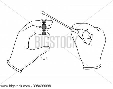 Dna Samples Collection For Pcr Testing Or Gene Research - Hands, Swab Stick And Test Tube In Thin Li