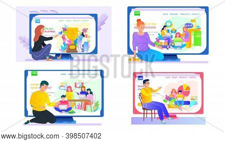 Set Of Illustrations On The Topic Of New Applications And Working With Technologies. People Look At 
