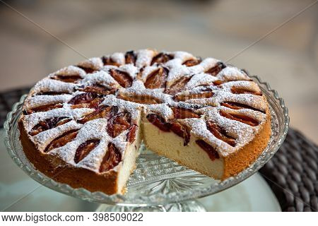 Delicious Plum Cake Sprinkled With Powdered Sugar