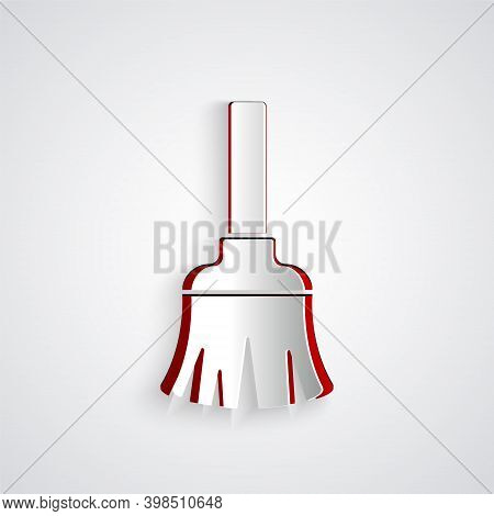 Paper Cut Feather Broom For Cleaning Icon Isolated On Grey Background. Feather Duster. Paper Art Sty
