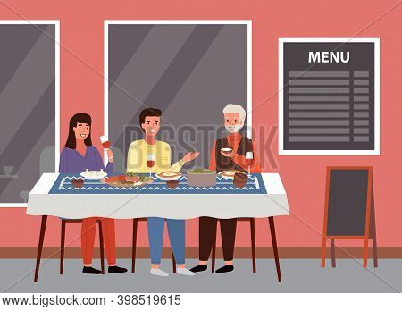 Table With Khinkali And Adjarian Khachapuri. Arrangement Of Furniture. Relatives Eating Georgian Foo