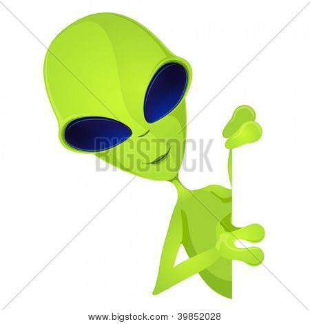 Kreslená postava legrační Alien izolovaných na šedém pozadí přechodu. Dávej pozor. Vektorový EPS 10.