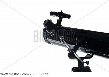 Black Mirror Telescope On Azimuth Mount. Reflector With Optical Tube. White Background.