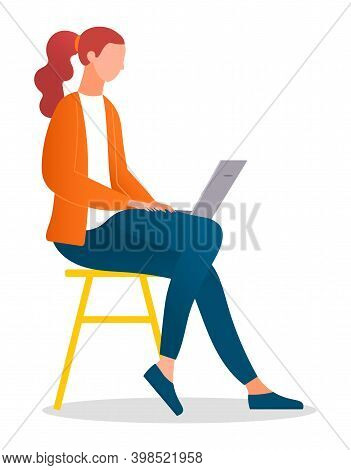 Woman Sitting On The Stool And Working With Laptop In Social Networks Isolated On White. Redheaded F
