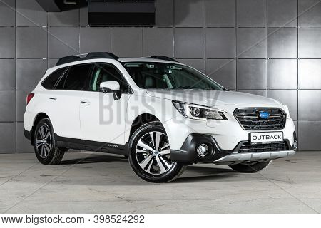 Novosibirsk, Russia - December 07, 2020: 
New White Subaru Outback , Front View.  Photography Of A M