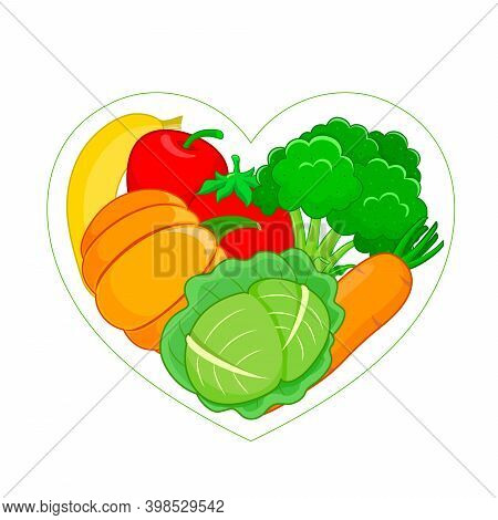 Fruits And Vegetables In Heart Shape. Healthy Food And Organic Food. Vector Illustration