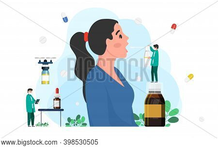 A Doctor Treats Throat To Patient With Throat Spray. Medicine Concept, Disease Treatment Concept. So