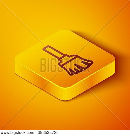 Isometric Line Feather Broom For Cleaning Icon Isolated On Orange Background. Feather Duster. Yellow