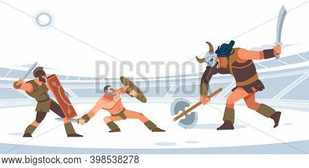 Two Gladiators Against The Giant Monster In The Arena. White Isolated Background. Vector Flat Style