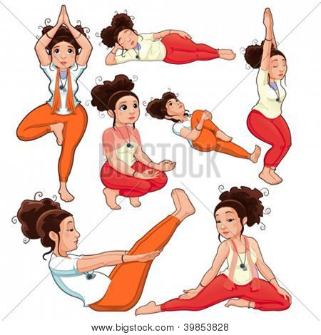 Yoga Positions. Funny cartoon and vector isolated illustration.
