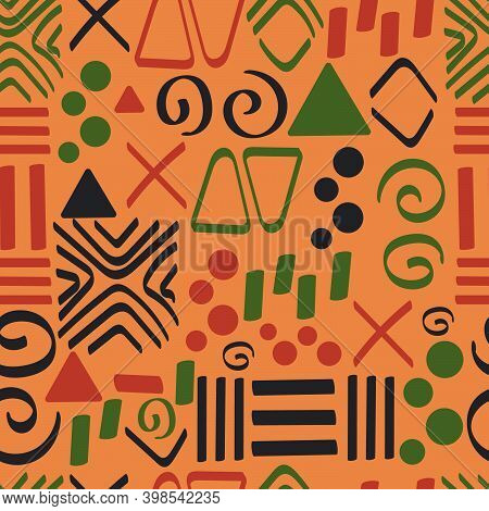 Tribal African Ethnic Seamless Pattern With Simple Lines And Figures In Red, Black And Green. Tradit